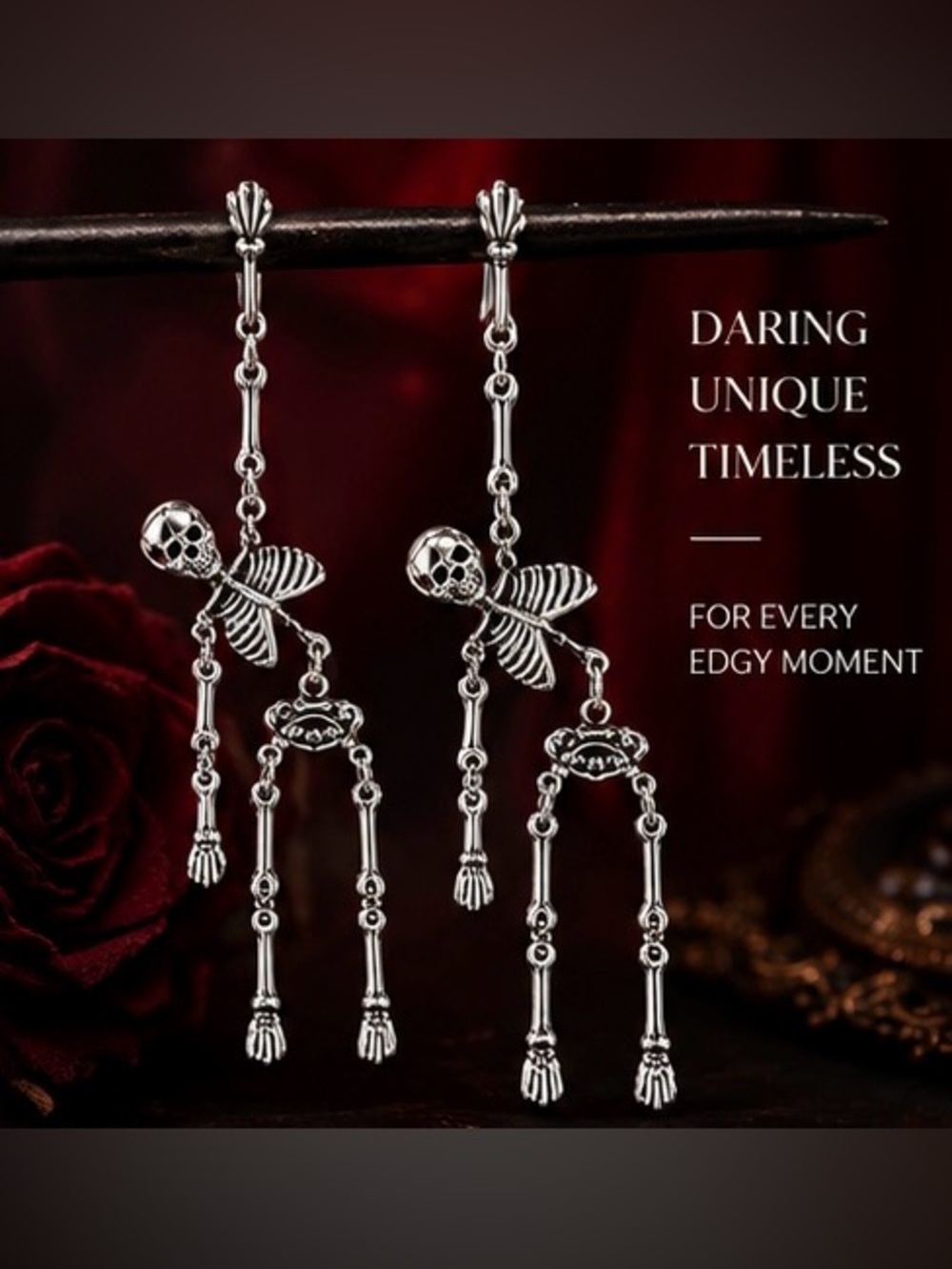 Halloween Skeleton Dangle Earrings Silver-Tone Gothic Statement Jewelry